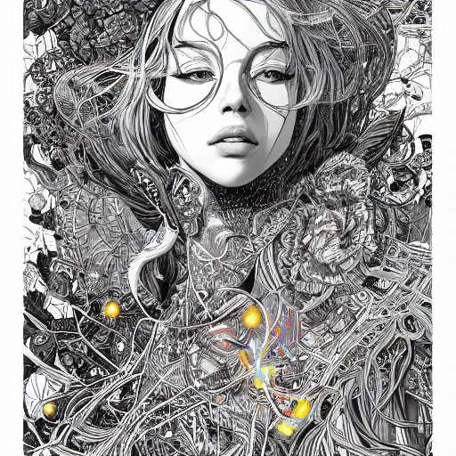 Image similar to the head of a beautiful woman, an ultrafine detailed illustration by james jean, final fantasy, intricate linework, bright colors, behance contest winner, vanitas, angular, altermodern, unreal engine 5 highly rendered, global illumination, radiant light, detailed and intricate environment