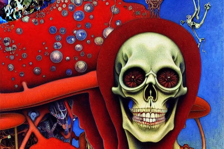 Image similar to realistic detailed closeup portrait painting of a single skeleton wearing red velvet blazer in a crowded futuristic moscow street by Jean Delville, Amano, Yves Tanguy, Alphonse Mucha, Ernst Haeckel, Edward Robert Hughes, Roger Dean, rich moody colours, blue eyes