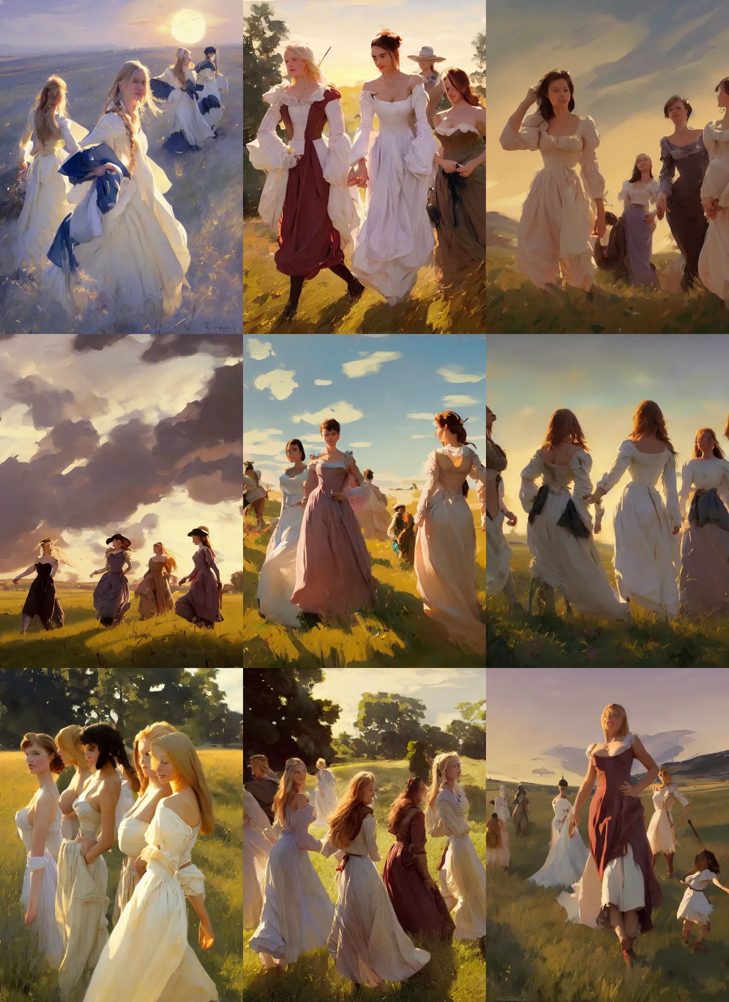 Prompt: group of beautiful finnish norwegian swedish scandinavian attractive glamour models wearing 1 7 th century bodice with low neckline walking in the field at sunset, jodhpurs greg manchess painting by sargent and leyendecker, studio ghibli fantasy medium shot asymmetrical intricate elegant matte painting illustration hearthstone, by greg rutkowski by greg tocchini by james gilleard