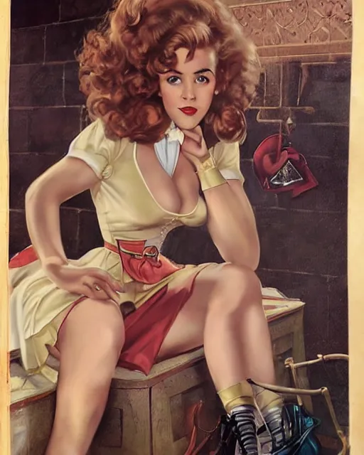 Image similar to pinup photo of hermione granger by emma watson in the crowded square of hogwarts, gil elvgren, enoch bolles, kezie demessance, glossy skin, pearlescent, very coherent, very detailed