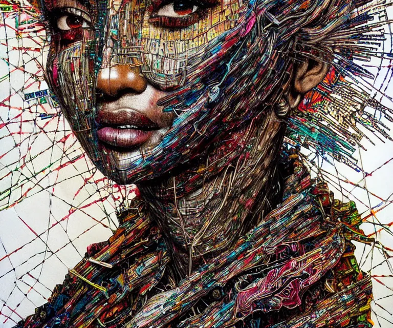 Image similar to nights falling wind is blowwing snow is pilling concept art in style of el anatsui and carne griffiths artwork by xsullo. mix media, biomecanical cyber alian of the whiched,, artwork by el anatsui and carne griffiths artwork by xsullo, insanely detailed, artstation,