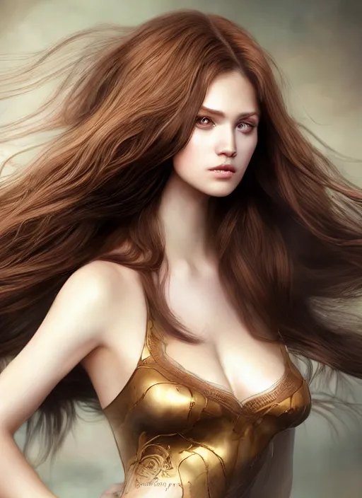 Image similar to a gorgeous female with long brown, hair photo by tim walker, realistic, full body shot, wide angle, sharp focus, 8 k high definition, insanely detailed, intricate, elegant, art by stanley lau and artgerm, floating embers