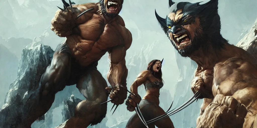 Prompt: Wolverine is laughing at you, Greg Rutkowski, Frank Frazetta, trending on Artstation, 8K, ultra wide angle, establishing shot, pincushion lens effect, zenith view