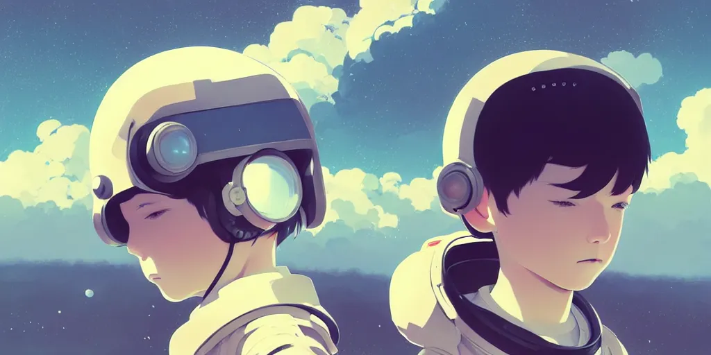 Image similar to 3 d portrait of a boy with astronaut helmets by ilya kuvshinov, cloudy sky background lush landscape ln illustration concept art anime key visual trending pixiv by victo ngai fanbox by greg rutkowski makoto shinkai takashi takeuchi studio ghibli