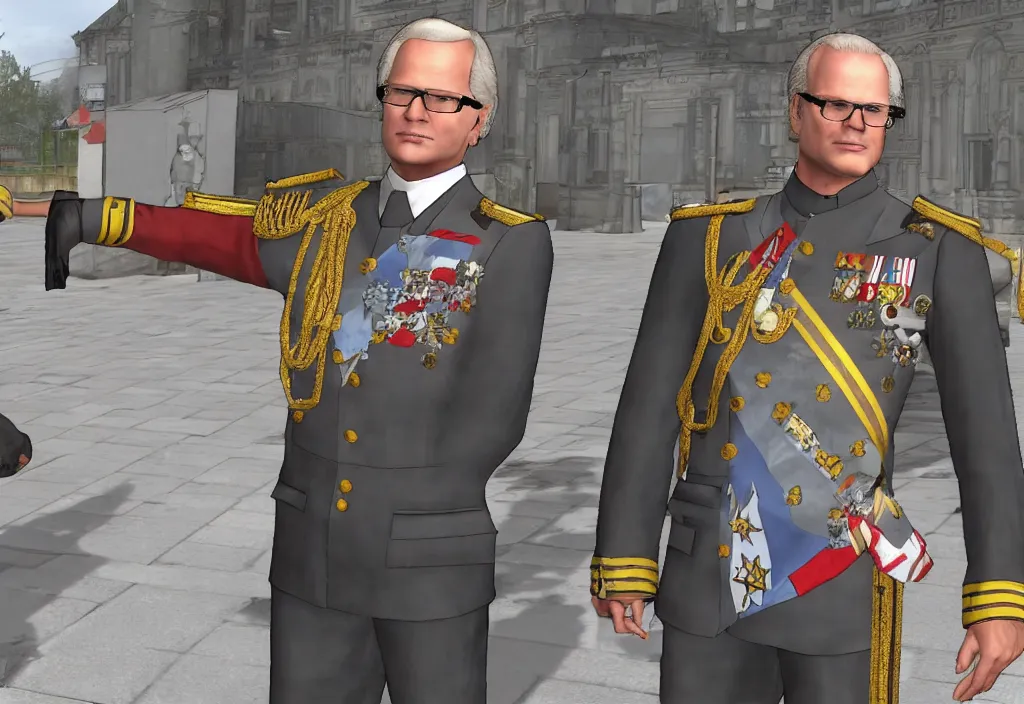 Image similar to carl xvi gustaf gta loadingscreen, stephen bliss