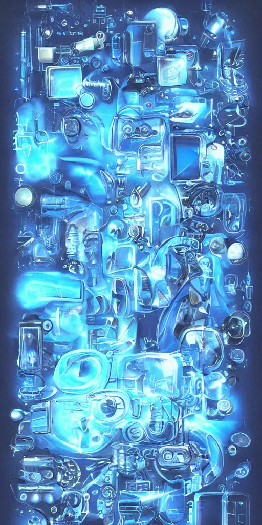 prompthunt: surreal 3d render of Cyber y2k aesthetic blue translucent  gadgets and shapes, surreal space, 2000s