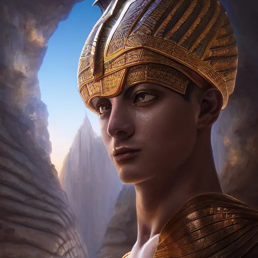 Image similar to portrait of an egyptian god, fantasy ,volumetric lighting, intricate, elegant, hyperdetailed 3d matte painting, highly detailed, digital painting, artstation, smooth, sharp focus, illustration, art by Makoto Shinkai and artgerm, hyperrealism, hyperrealistic, cinematic masterpiece, fantasy style 8k ultrahd octane render