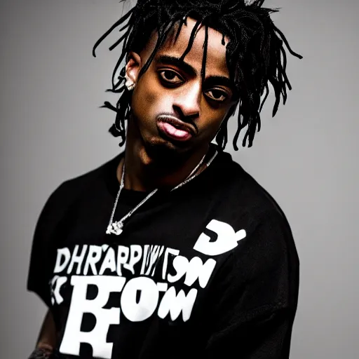 Image similar to portrait of down syndrome playboi carti sharp focus, 4 k editorial photograph, soft lighting, black background