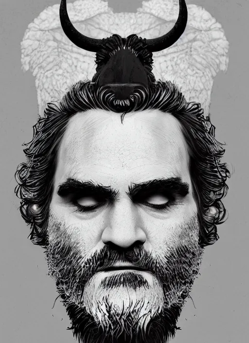 Image similar to digital painting of joaquin phoenix wearing armor made of animals, cow horns, pig nose, sheep wool, chicken feather armor, majestic, by anna podedworna and miklos ligeti, diego maricato, taran fiddler, antonino truisi, chris reddie, jinsung lim, on artstation