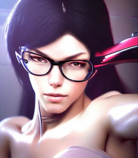 Image similar to beautiful portrait of a gorgeous personal trainer who looks like Bayonetta , character design by charlie bowater, ross tran, artgerm, and makoto shinkai, detailed, soft lighting, rendered in octane