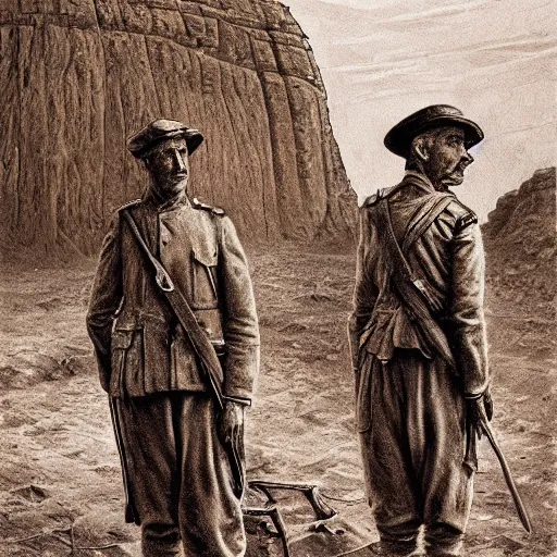 Image similar to ultra detailed photorealistic sepia - toned painting from 1 9 1 7, a british officer in field fear standing at an archaeological dig site in wadi rum, ultra realistic, painted, intricate details, lovecraft, atmospheric, dark, horror, brooding, highly detailed, in the style of clyde caldwell