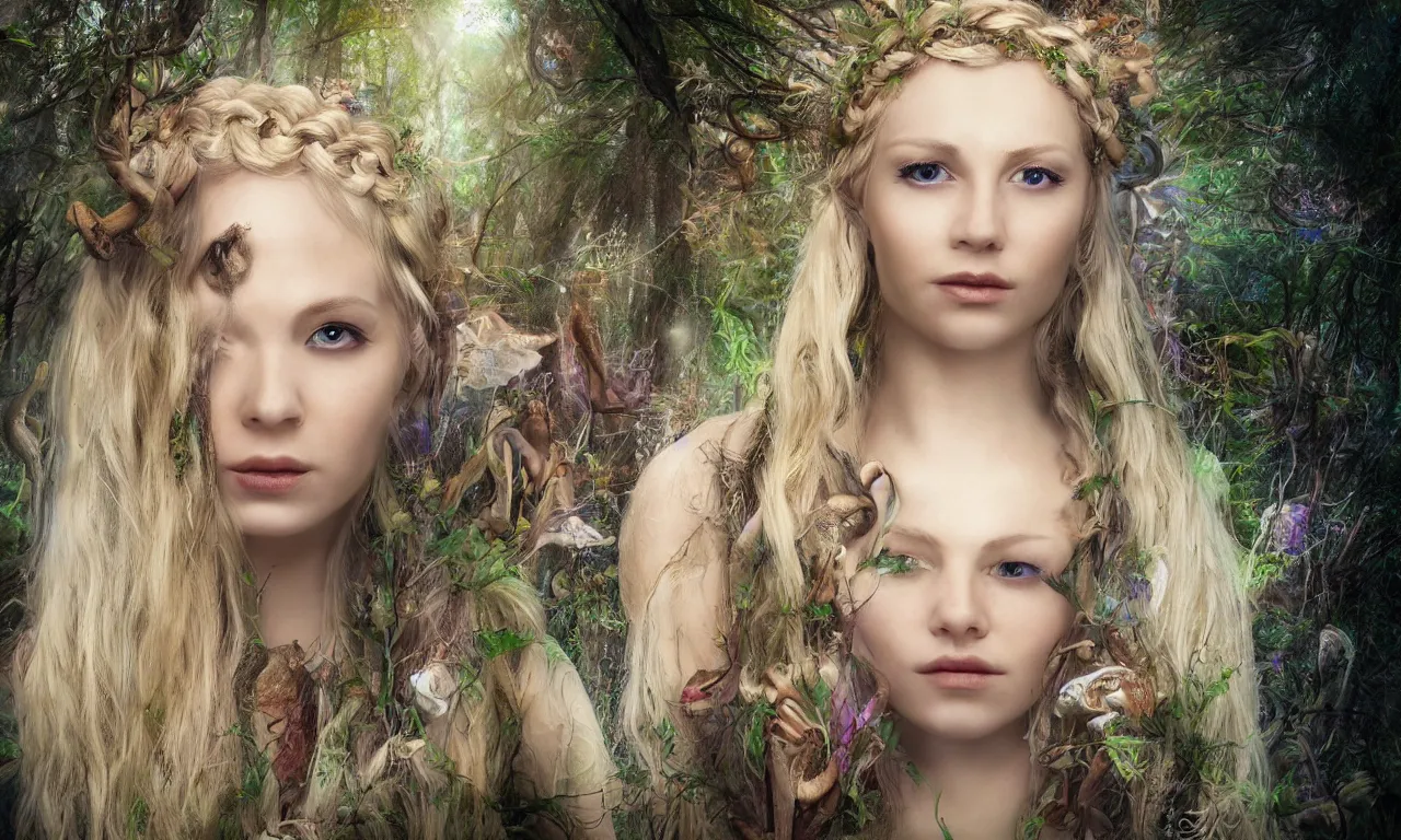 Image similar to beautiful blonde woman with plaits, forest fae, psychedelic mushrooms, magic, mystical, white witch, photorealistic, portrait, sacred geometry