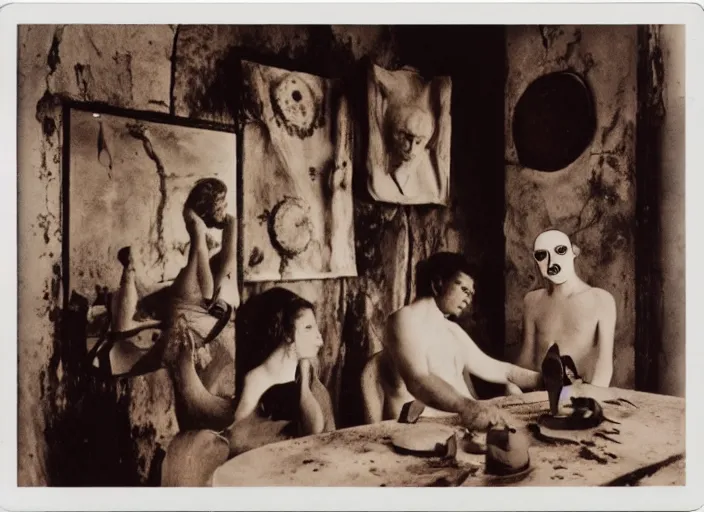 Prompt: polaroid still from an art house film by alejandro jodorowsky, roger ballen and maya deren : : surreal scene in a picturesque setting : : mirrors, masks, costumes : : close - up of the actors'faces : : cinemascope, technicolor, 4 k