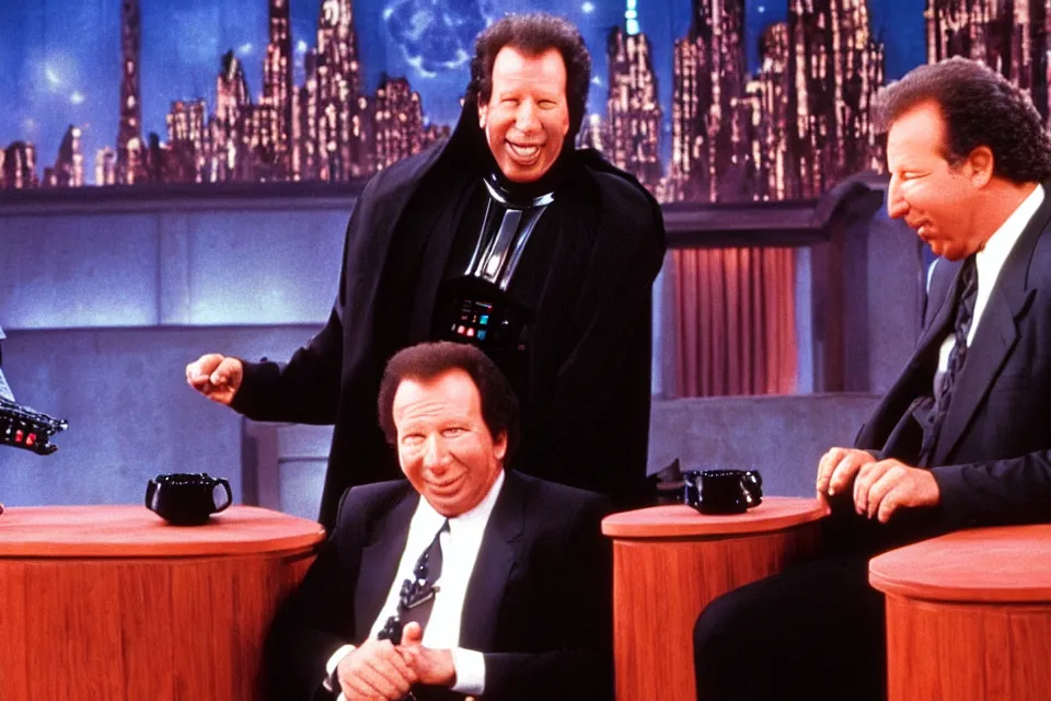 Prompt: still image of darth vader as host of the late night show interviewing gary shandling in 1 9 9 3, vhs tape recording, old footage