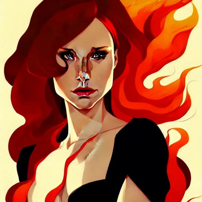 Image similar to style artgerm, joshua middleton, beautiful kristen bell with dark red dress, very long orange hair, symmetrical face, symmetrical eyes, fire powers fire swirling, detailed, volcano setting, cinematic lighting