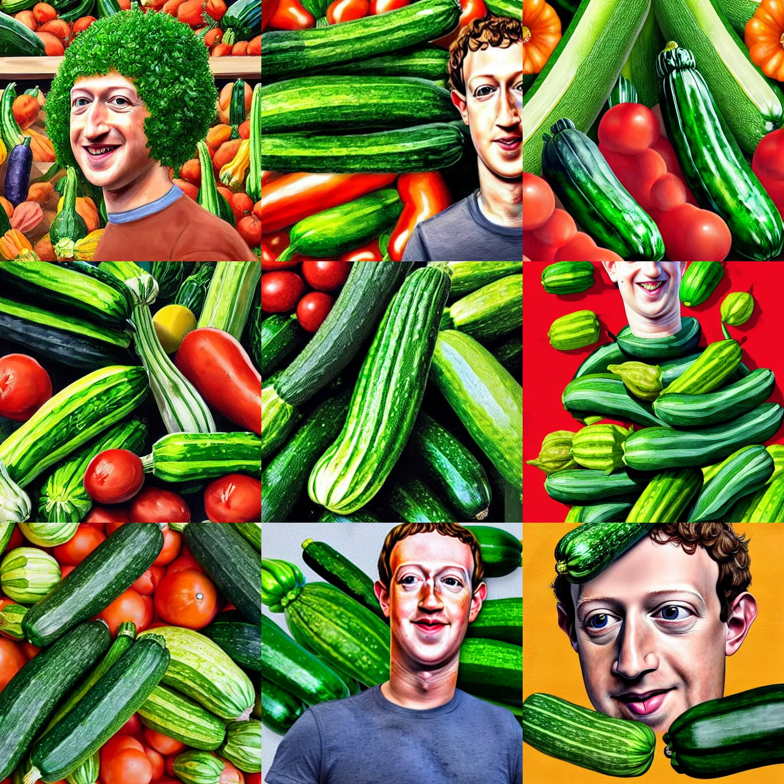 Image similar to mark zuckerberg as a zucchini, vegetable market stand in the background, digital painting by arcimboldo