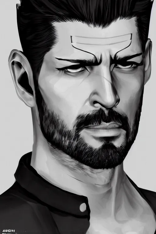 Image similar to Adam Jensen from Deus Ex as Gigachad, hyperealistic, trending on Artstation