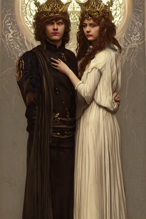 Image similar to a portrait of handsome young male nordic Satan wearing a subtle crown of light and his elegant beautiful nordic cultist wife, bored, illustration, dramatic lighting, soft details, painting oil on canvas, art nouveau, octane render, HDR, 4k, 8k, HD, by Edmund Blair Leighton, Brom, Charlie Bowater, trending on artstation, faces by Tom Bagshaw, Sargent