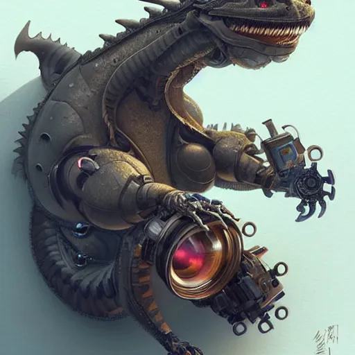 Image similar to a mechanical robot with camera lens eyes in the shape of a cute fat obese dragon, intricate, highly detailed, artstation, concept art, smooth, sharp focus, art by artgerm and greg rutkowski