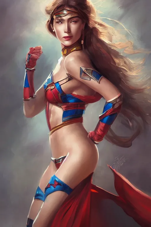 Image similar to three quarters portrait of a beautiful woman,super hero costume,heroic pose,highly detailed, digital painting,illustration, art by Stanley Lau