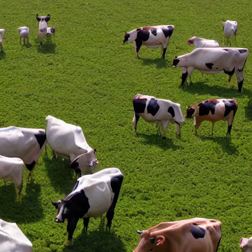 Image similar to a beautiful farm with highly evolved cyborg cows, 4 k