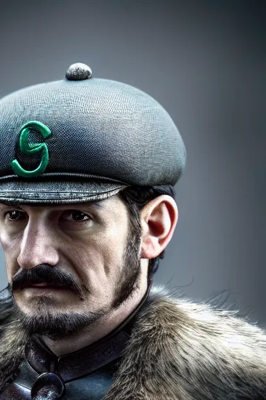 Image similar to very very intricate photorealistic photo of a realistic human version of luigi wearing his hat in an episode of game of thrones, photo is in focus with detailed atmospheric lighting, award - winning details