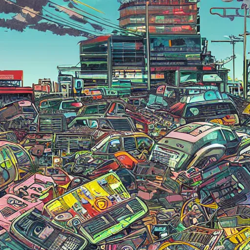 Image similar to view from ground level of a landscape full of junkyards, garbage heaps and recycled electronic gear | neon anime electronic cybernetic comic book art