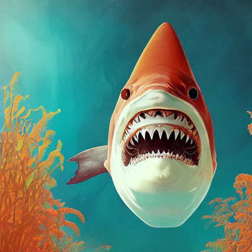 Image similar to orange and white traffic cone great white shark eyes and teeth teeth teeth teeth teeth, tyre mark, wide shot, underwater background detailed atmospheric - ron cheng & alphonse mucha, highly detailed, digital painting, ray tracing, concept art, illustration, smooth sharp focus, intricate, symmetry, artstation,