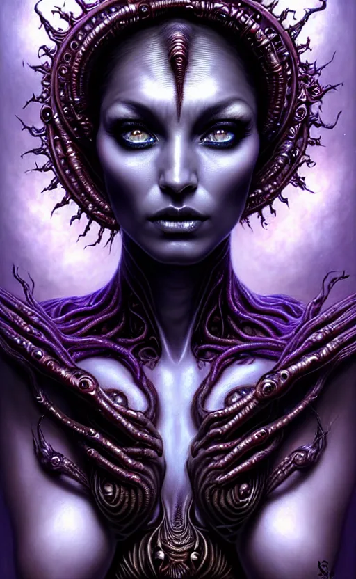 Prompt: A beautiful detailed alien goddess woman with 6 arms super dark tarot card, gorgeous model face by Stanley Artgerm, by tomasz alen kopera and Justin Gerard, 4 eyes, beautiful symmetrical features, ominous, magical realism, melting, texture, intricate, ornate, royally decorated, melting, whirling smoke, embers, purple adornments, blue torn fabric, radiant colors, fantasy, trending on artstation, volumetric lighting, micro details, 3d sculpture, ray tracing, 8k, anaglyph effect