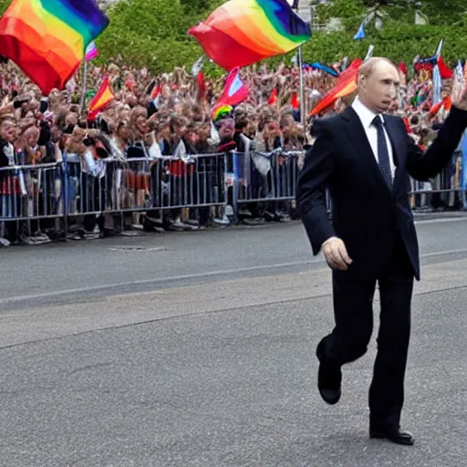 Prompt: photo of vladimir putin leading the gay pride parade, depth of field