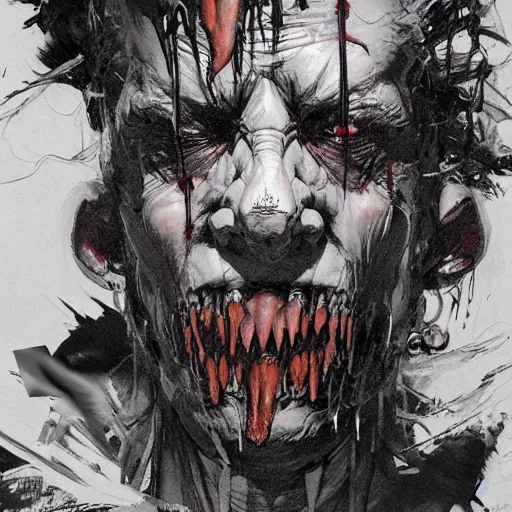 Prompt: horrific sleep paralysis nightmare demon long uncanny valley creepy mouth and eyes moist and very threatening at the end of the hallway at midnight by James Gurney and Yoji Shinkawa Artstation hyperrealism horror art n- 10