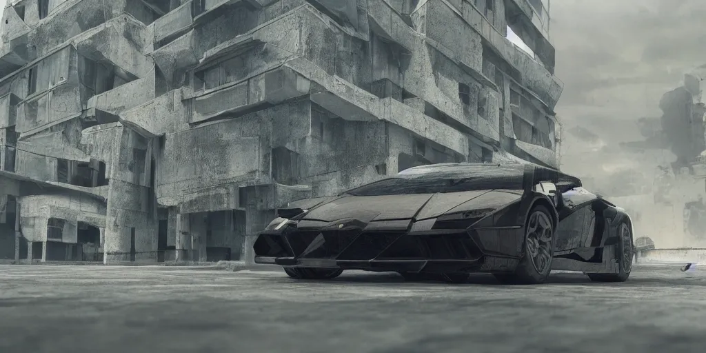 Image similar to black lego lamborghini in an abandoned city. brutalist architecture. soft light. cinematic. intricate. low angle close shot. highly detailed. matte painting in the style of thu berchs, sparth style, pascal blanche style, eddie mendoza style, ash thorp style. octane render. 8 k. trending on artstation