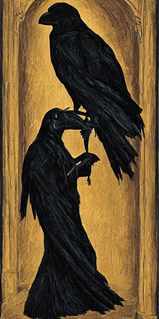 Image similar to portrait of a raven in a vantablack cloak and holding a symbolic weapon. portrait hung up in a windows 9 8 castle. r / oldschoolfantasy