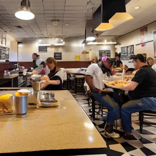 Image similar to busy wafflehouse interior with customers eating breakfast and wafflehouse employees serving food and cooking behind countertop