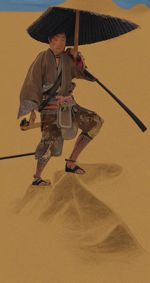 Prompt: oil painting of a samurai with a straw hat, a katana, and wooden sandals stuck in a sandy cave with nothing to eat, as a sandstorm is happening behind in a massive dune, 4 k, detailed, landscape