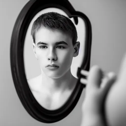 Prompt: young man looking deeply into a mirror, portrait studio, taken with canon eos, f 1. 4, soft diffused light, iso 2 0 0,