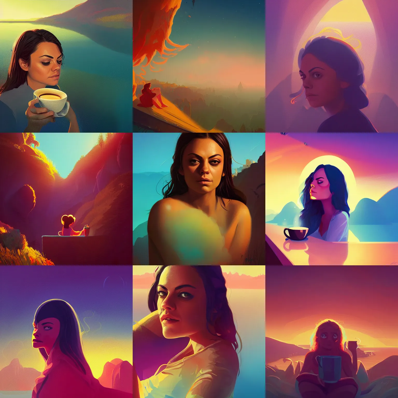 Image similar to close - up portrait of sleepy mila kunis, morning golden hour, steaming coffee, mystical lake view vista, anton fadeev, paul lehr, rhads, alena aenami