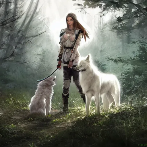 Image similar to a huntress and her pet white wolf in the forest, made by Stanley Artgerm Lau, WLOP, Rossdraws, ArtStation, CGSociety, concept art, cgsociety, octane render, trending on artstation, artstationHD, artstationHQ, unreal engine, 4k, 8k,