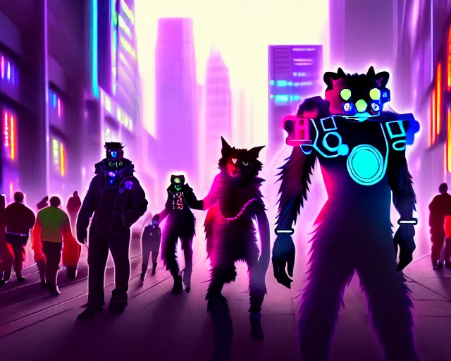 Image similar to high - resolution photograph from a cyberpunk era furry fandom convention ( midwest furfest 2 0 4 7 ), taking place after the genetic revolution and quantum singularity. photorealistic.