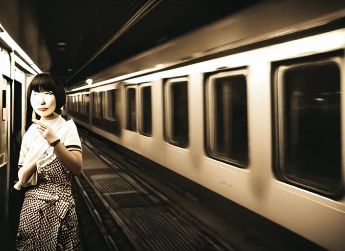 Image similar to photo of a young japanese woman on a train at night