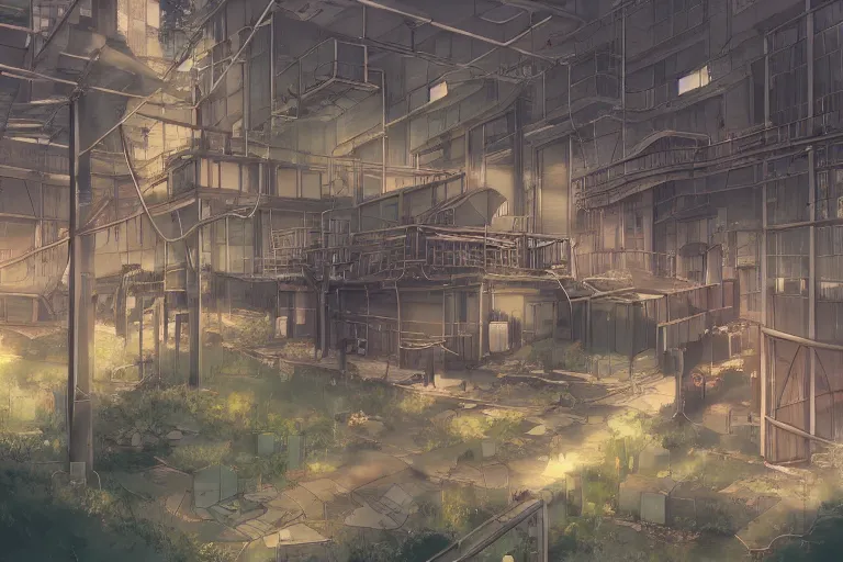 Prompt: an abandoned factory, detailed,, p. a. works, ufotable, mappa, toei animation, trending on artstation pixiv, background, wallpaper, visual novel, in the style of makoto shinkai