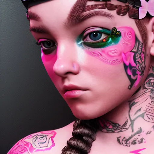 Image similar to An octane 3d render of a girl with pink pigtails, and face tattoos, 8d, HD, hyper detailed, intricate details, photorealistic, dynamic lighting, stunning visuals, creative, trending on art station,