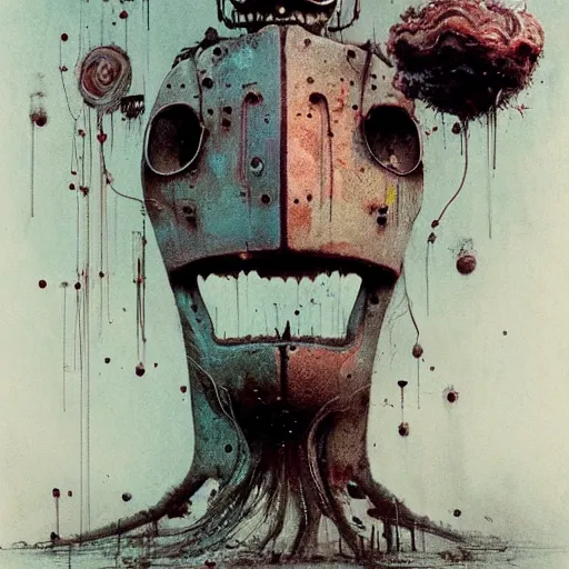 Image similar to robot ghost, glitch distortion, Unbearable Anxiety, by Stephen Gammell and Beksinski and Stalenhag.