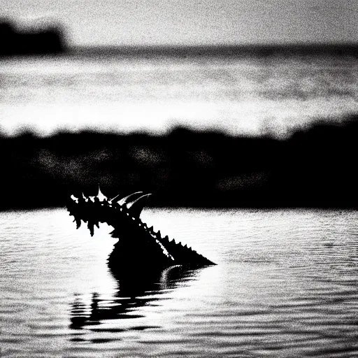 Image similar to a real life sea monster swimming in a lake, sight proof, black and white, blurry, old camera, grainy, motion blur, unfocused