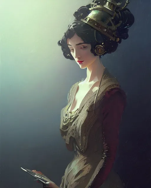 Prompt: a mysterious beautiful woman, aristocrat cloak, steam punk, mechanical parts, fantasy, digital painting by ilya kuvshinov, greg rutkowski, wlop, james jean, victo ngai, beautifully lit, muted colors, highly detailed, dynamic pose, artstation, fantasy art, ( ( ( intricate background ) ) ) by craig mullins, thomas kinkade