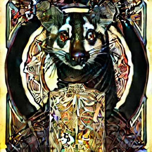 Image similar to An african civet by Alphonse Mucha, and Julie Dillon. Photorealistic. Art nouveau. Incredibly Beautiful.