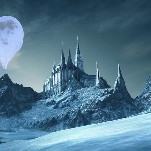 Prompt: a photorealistic iced capped mountain range with a massive gothic cathedral sitting at the peak lit by the crescent moon above, fantasy art, deviant art, highly detailed, digital art, 3d, 4k