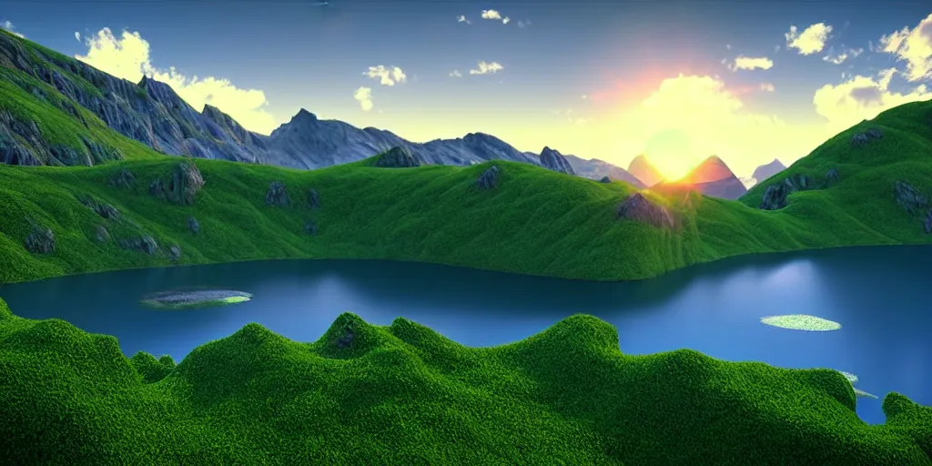 Image similar to a beautiful landscape, sun rises between two mountains, a lake in between the mountains, green, lush vegetation, blue sky, cloudy, 3 d artwork by john stephans, unreal engine 5, extremely detailed, hyper realism