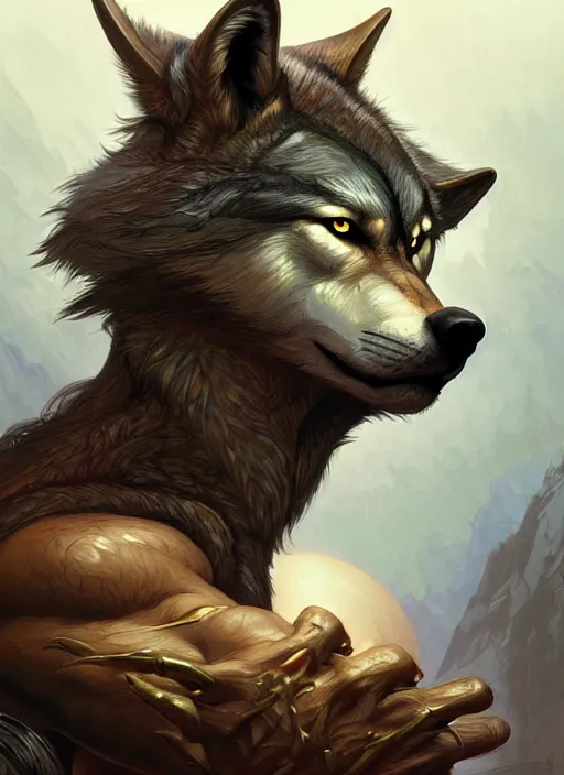 Image similar to portrait of aggressive wolf humanoid, d & d, muscular! fantasy, intricate, elegant, highly detailed, digital painting, artstation, concept art, smooth, sharp focus, illustration, art by artgerm and greg rutkowski and alphonse mucha