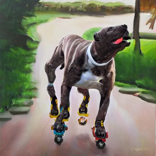 Image similar to pitbull with brindle coat and white paws and white chest on rollerblades. painting. oil painting. fun. energetic. colorful.